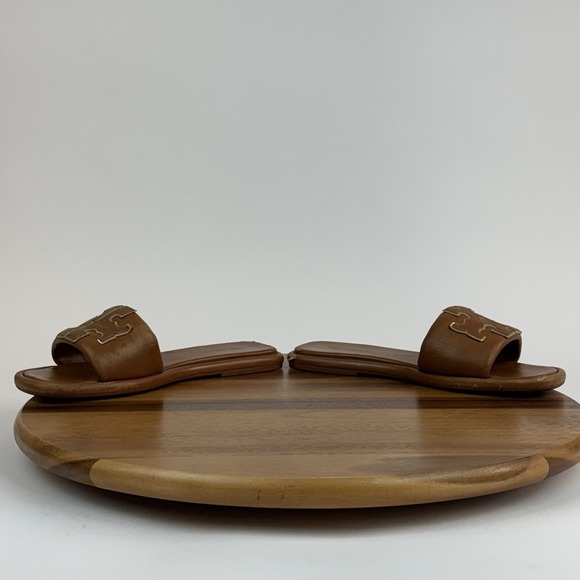 Womens Tory Burch‎ Double T Tan Leather Slip On Flat Sport Slides Sandals Size 8 - Picture 5 of 10